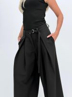Pantalon wide leg cu pense și cordon - imagine 10