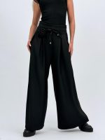 Pantalon wide leg cu șnur și floare - imagine 6