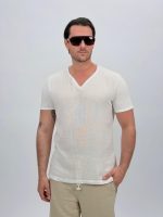 Tricou din in cu decolteu în V și nasturi