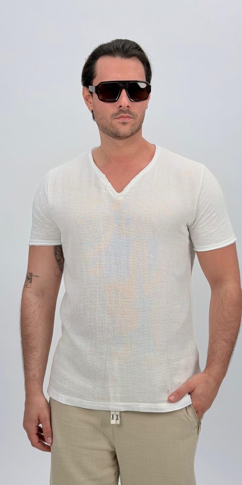Tricou din in cu decolteu în V și nasturi