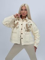 Jachetă crem din denim cu broderie - imagine 3