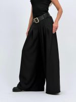 Pantalon wide leg cu pense și curea lată - imagine 3