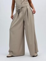 Pantalon wide leg cu șnur și floare - imagine 3
