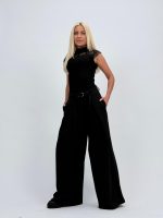 Pantalon wide leg cu pense și cordon - imagine 13