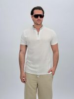 Tricou din in cu guler tunică și nasturi