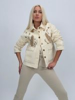 Jachetă crem din denim cu broderie