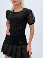 Tricou din bumbac cu ștrasuri și mâneci din tulle - imagine 8