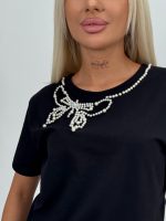 Tricou din bumbac accesorizat cu perle la gât - imagine 7