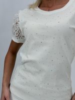 Tricou din bumbac cu ștrasuri și mâneci din tulle - imagine 4