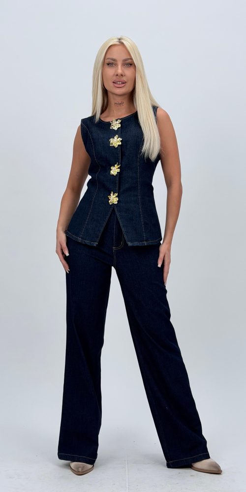Set din denim vestă cu butoni și pantalon