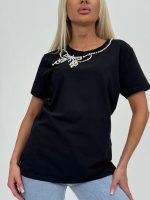 Tricou din bumbac accesorizat cu perle la gât - imagine 6