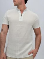 Tricou din in cu guler tunică și nasturi - imagine 3