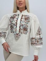 Cămașă cu guler tunică și broderie color - imagine 4