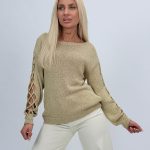 Bluză din tricot cu lurex și decupaj mânecă