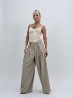 Pantalon wide leg cu pense și cordon - imagine 16