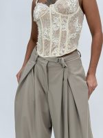 Pantalon wide leg cu pense și cordon - imagine 18