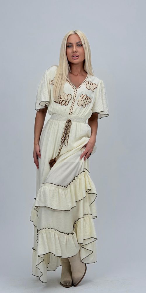 Rochie lungă cu decolteu în V și broderie