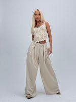 Pantalon wide leg cu pense și cordon - imagine 6