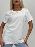 Tricou din bumbac accesorizat cu perle la gât - imagine 2