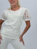 Tricou din bumbac cu ștrasuri și mâneci din tulle - imagine 3