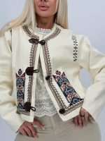 Jachetă crem din denim cu guler tunică - imagine 2