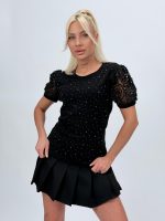 Tricou din bumbac cu ștrasuri și mâneci din tulle - imagine 7