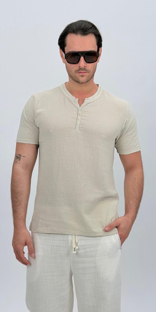 Tricou din in cu guler tunică