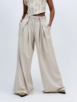 Pantalon wide leg cu pense și cordon - imagine 3