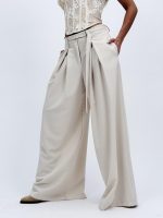 Pantalon wide leg cu pense și cordon - imagine 4