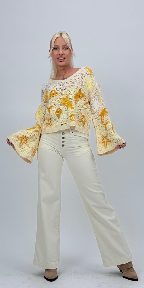 Jeans | Blug Wide leg alb cu butoni argintii