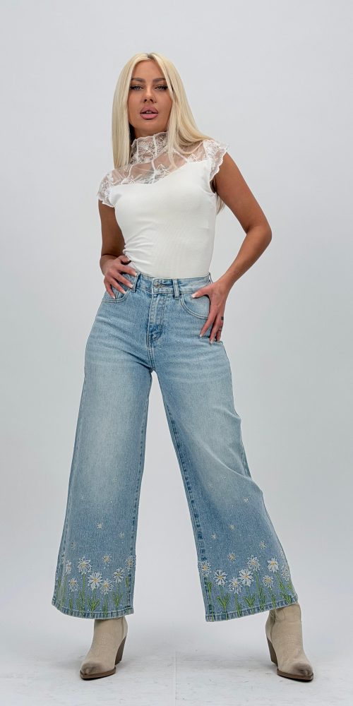 Jeans | Blug Wide leg cu broderie