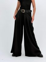 Pantalon wide leg cu pense și curea lată - imagine 2