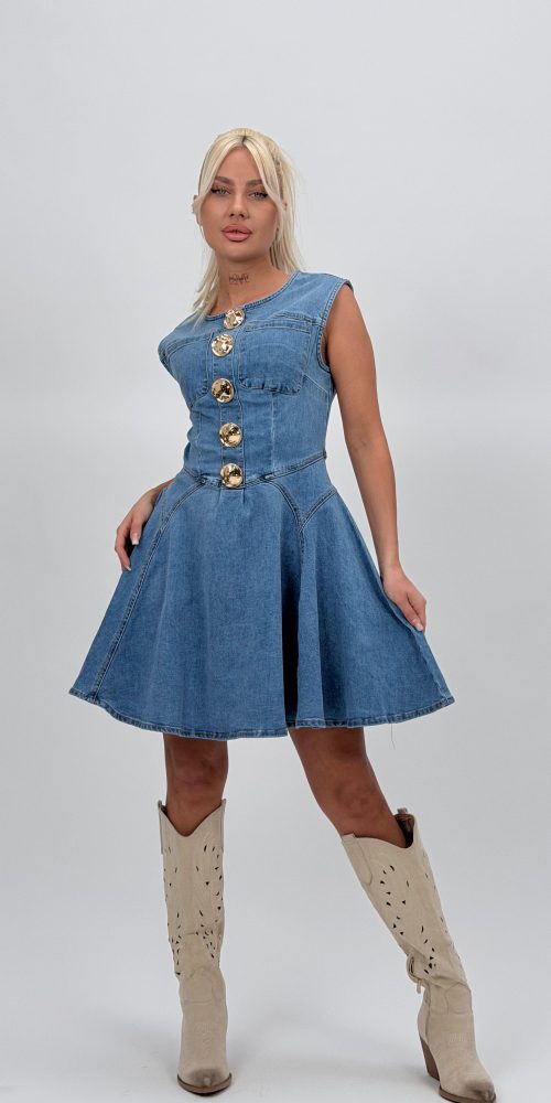 Rochie din denim cu butoni aurii