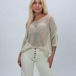 Bluză din tricot perforat cu adaos de in