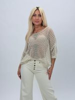 Bluză din tricot perforat cu adaos de in