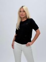 Bluză din tricot cu mânecă scurtă și flori aplicate - imagine 4