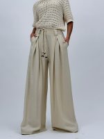 Pantalon larg cu pense și cordon în talie - imagine 13