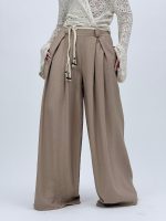 Pantalon larg cu pense și cordon în talie - imagine 19