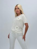 Bluză din tricot cu mânecă scurtă și flori aplicate