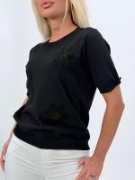 Bluză din tricot cu mânecă scurtă și flori aplicate - imagine 6
