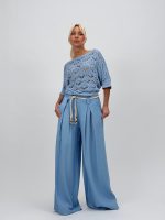 Pantalon larg cu pense și cordon în talie - imagine 7