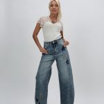 Jeans | Blug baggy cu flori aplicate