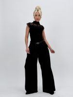 Pantalon office wide leg cu pense și curea - imagine 10