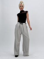 Pantalon office wide leg cu pense și curea