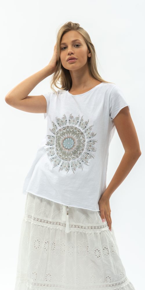 Tricou din bumbac cu model pene