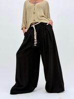 Pantalon larg cu pense și cordon în talie - imagine 29