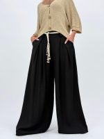 Pantalon larg cu pense și cordon în talie - imagine 28