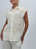 Cămașă din bumbac cu broderie bej - imagine 3