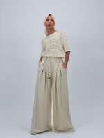 Pantalon larg cu pense și cordon în talie - imagine 11