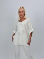 Bluză din in cu mânecă 3/4 și floare aplicată - imagine 2